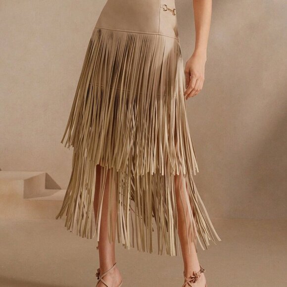 Beige Boho Women's Versatile Midi High Waisted Soft Leather Fringed Skirt - Picture 6 of 6
